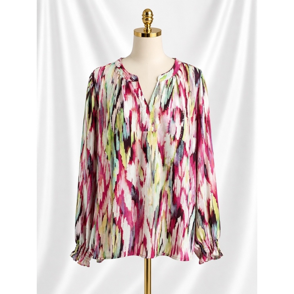 Belle by Kim Gravel Flame Game Split Neck Blouse XL Pink Abstract Smocked Flowy